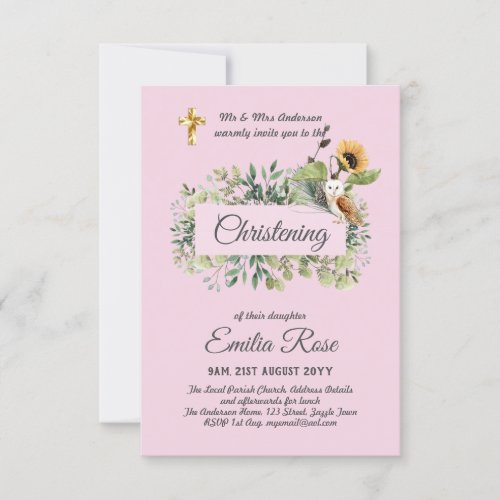 Woodland Owl Sunflower CHRISTENING Baptism Invite