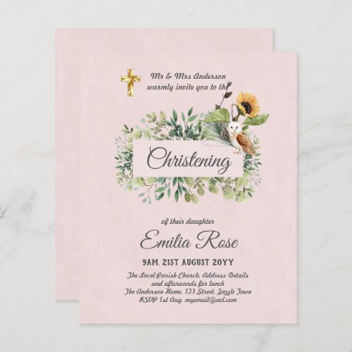 Woodland Owl Sunflower CHRISTENING Baptism Invite