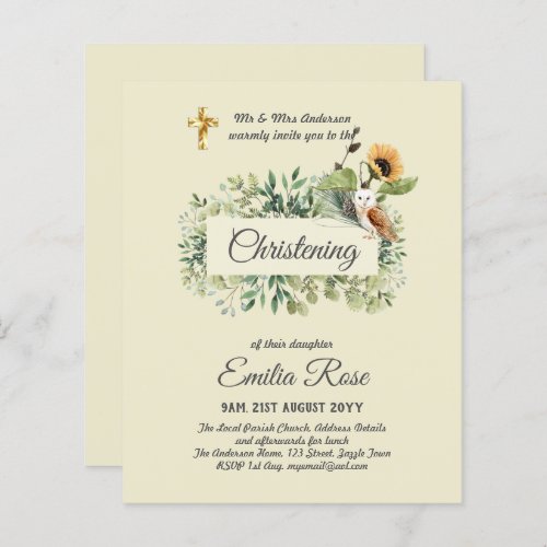 Woodland Owl Sunflower CHRISTENING Baptism Invite