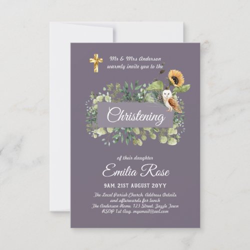 Woodland Owl Sunflower CHRISTENING Baptism Invite