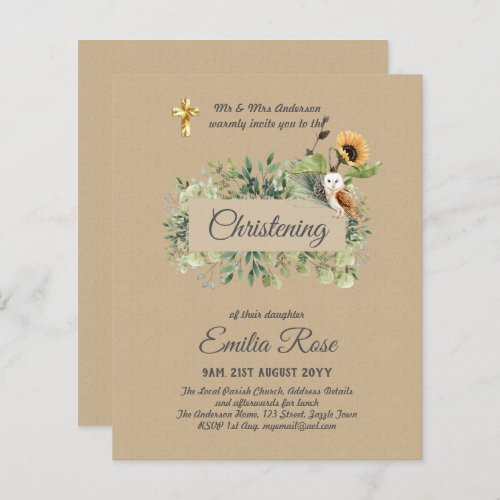 Woodland Owl Sunflower CHRISTENING Baptism Invite