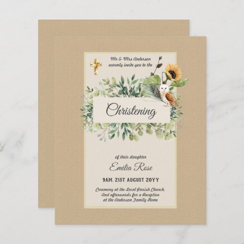 Woodland Owl Sunflower CHRISTENING Baptism Invite