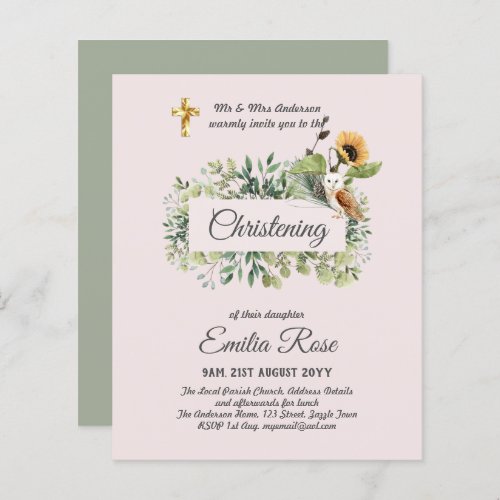 Woodland Owl Sunflower CHRISTENING Baptism Invite