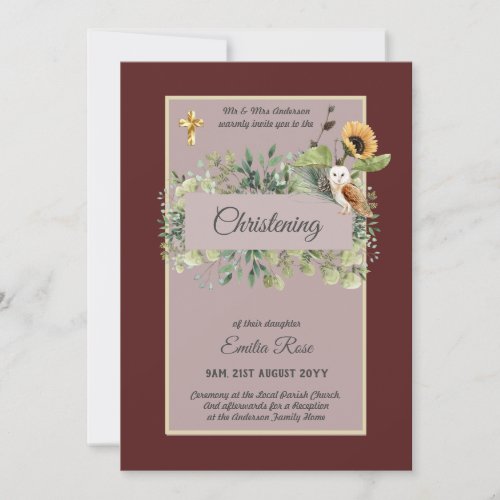 Woodland Owl Sunflower CHRISTENING Baptism Invite