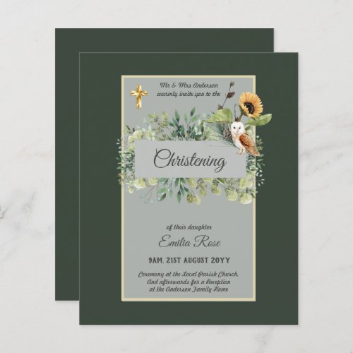 Woodland Owl Sunflower CHRISTENING Baptism Invite