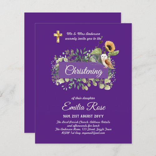 Woodland Owl Sunflower CHRISTENING Baptism Invite