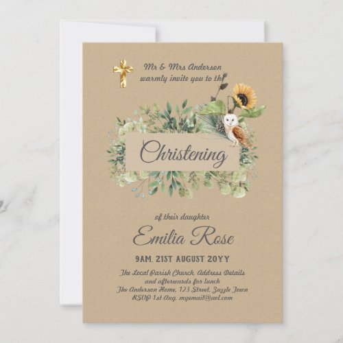 Woodland Owl Sunflower CHRISTENING Baptism Invite