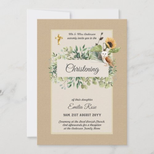 Woodland Owl Sunflower CHRISTENING Baptism Invite