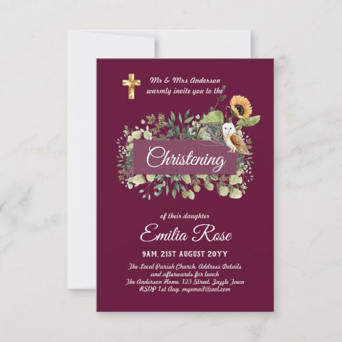 Woodland Owl Sunflower CHRISTENING Baptism Invite