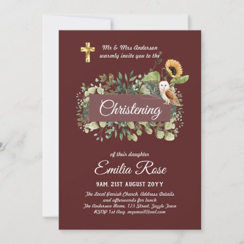 Woodland Owl Sunflower CHRISTENING Baptism Invite