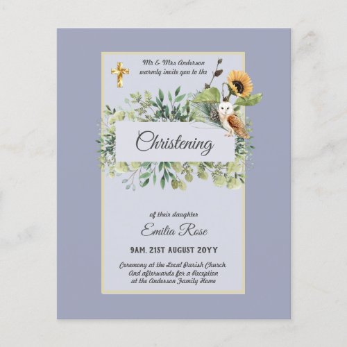 Woodland Owl Sunflower CHRISTENING Baptism Invite Flyer