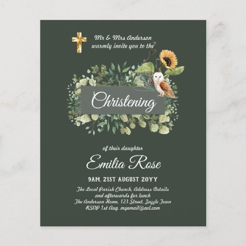 Woodland Owl Sunflower CHRISTENING Baptism Invite Flyer