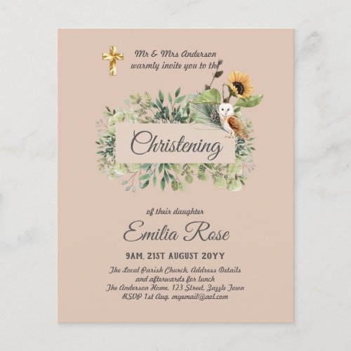 Woodland Owl Sunflower CHRISTENING Baptism Invite Flyer