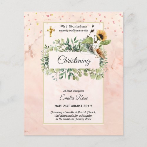 Woodland Owl Sunflower CHRISTENING Baptism Invite Flyer