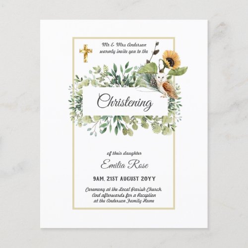 Woodland Owl Sunflower CHRISTENING Baptism Invite Flyer