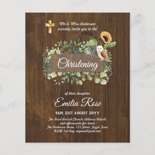 Woodland Owl Sunflower CHRISTENING Baptism Invite Flyer