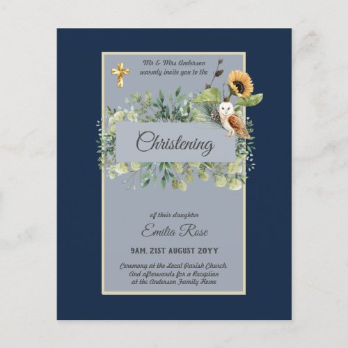 Woodland Owl Sunflower CHRISTENING Baptism Invite Flyer