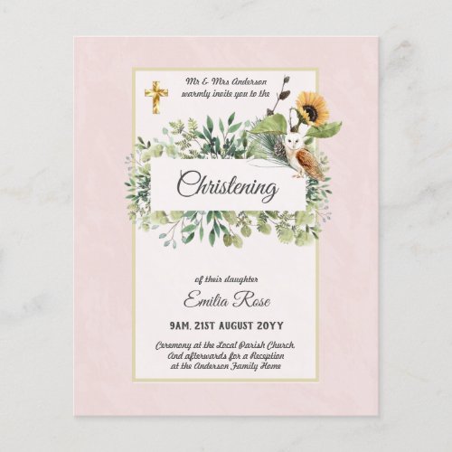 Woodland Owl Sunflower CHRISTENING Baptism Invite Flyer