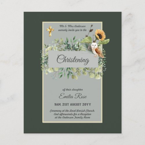 Woodland Owl Sunflower CHRISTENING Baptism Invite Flyer