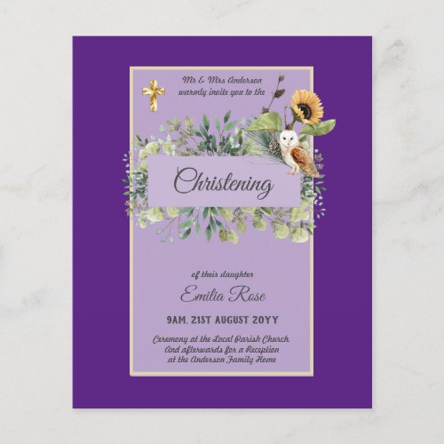 Woodland Owl Sunflower CHRISTENING Baptism Invite Flyer