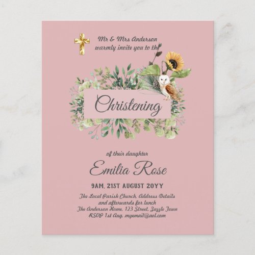 Woodland Owl Sunflower CHRISTENING Baptism Invite Flyer