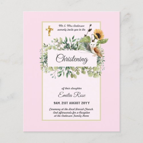 Woodland Owl Sunflower CHRISTENING Baptism Invite Flyer