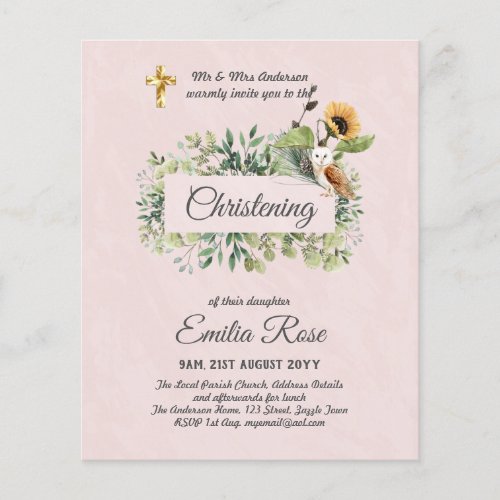 Woodland Owl Sunflower CHRISTENING Baptism Invite Flyer