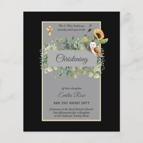 Woodland Owl Sunflower CHRISTENING Baptism Invite Flyer