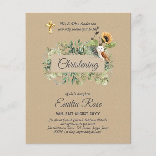 Woodland Owl Sunflower CHRISTENING Baptism Invite Flyer