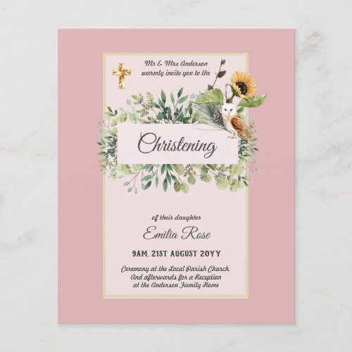 Woodland Owl Sunflower CHRISTENING Baptism Invite Flyer