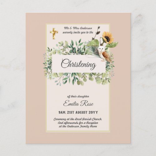 Woodland Owl Sunflower CHRISTENING Baptism Invite Flyer