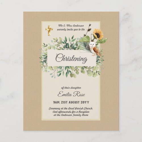 Woodland Owl Sunflower CHRISTENING Baptism Invite Flyer