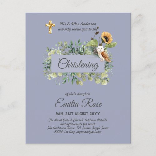 Woodland Owl Sunflower CHRISTENING Baptism Invite Flyer