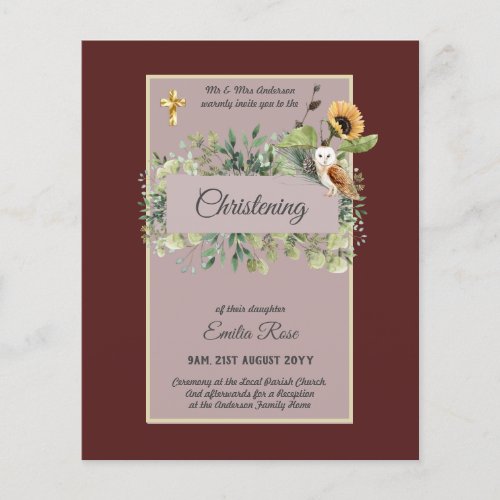 Woodland Owl Sunflower CHRISTENING Baptism Invite Flyer