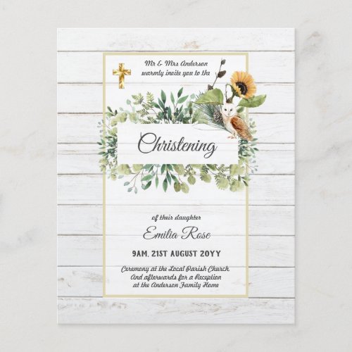 Woodland Owl Sunflower CHRISTENING Baptism Invite Flyer