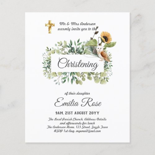 Woodland Owl Sunflower CHRISTENING Baptism Invite Flyer