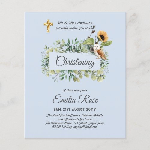 Woodland Owl Sunflower CHRISTENING Baptism Invite Flyer