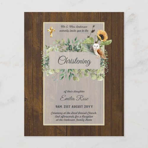 Woodland Owl Sunflower CHRISTENING Baptism Invite Flyer