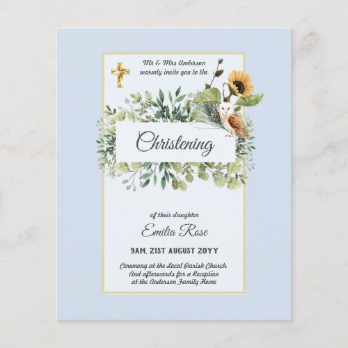 Woodland Owl Sunflower CHRISTENING Baptism Invite Flyer