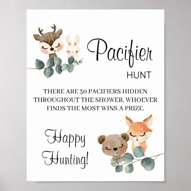 Woodland Pacifier Hunt Baby shower game sign | Zazzle