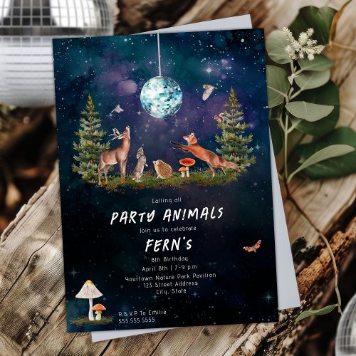 Woodland Party Animals Galaxy Disco Birthday Invitation