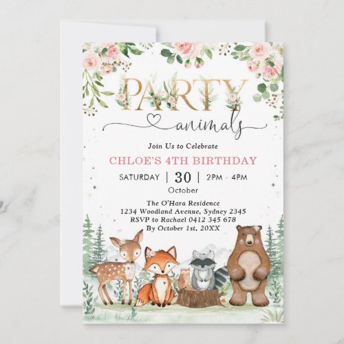 Woodland Party Animals Girl Birthday Invitation