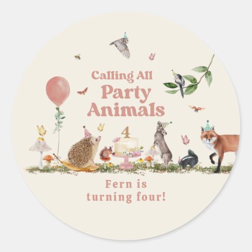 Woodland Party Animals Pink Birthday Party Classic Round Sticker