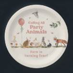 Woodland Party Animals Pink Birthday Party Paper Plates<br><div class="desc">Party animal birthday theme featuring illustrations of woodland animals including owl,  hedgehog,  squirrel,  rabbit,  skunk,  fox,  and bird wearing party hats.  Cake decorated with flowers at center.  Personalize the number on the cake.  Also features butterflies,  pink balloon and mushroom illustrations.</div>
