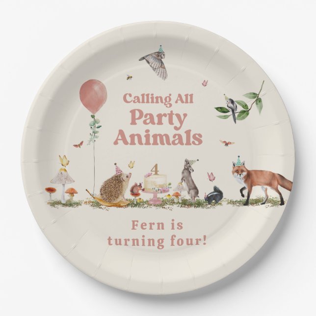 Woodland Party Animals Pink Birthday Party Paper Plates (Front)