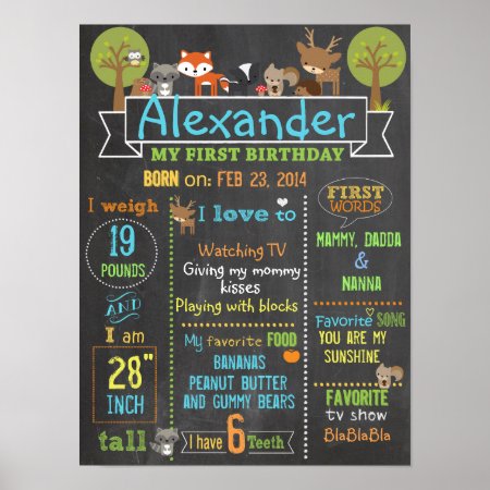 Woodland Party First Birthday Sign Poster