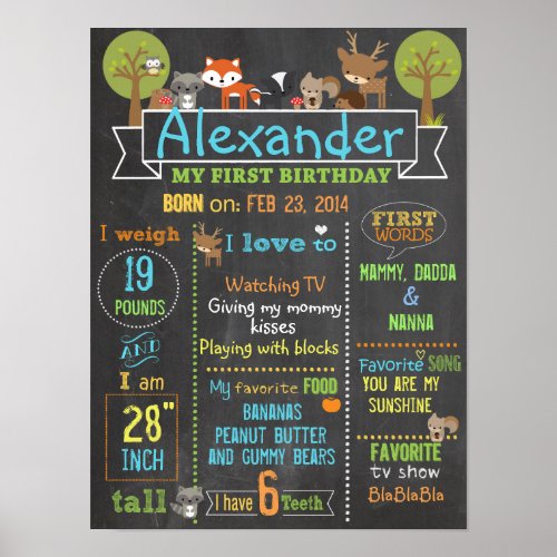 Woodland Party first birthday sign poster