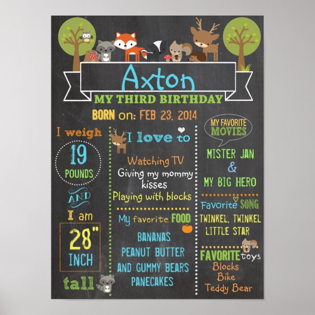 Woodland Party third birthday sign poster (Front)