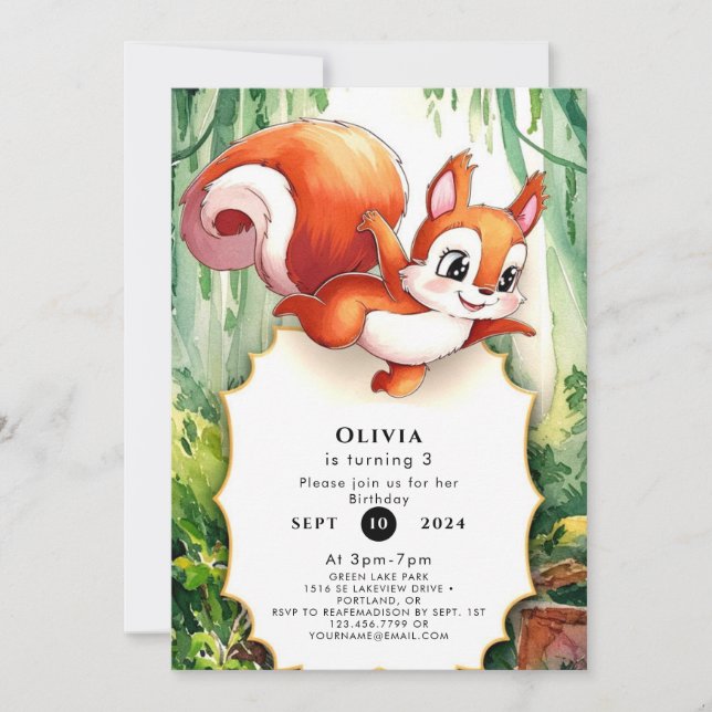 Woodland Pastel Squirrel Birthday Invitation (Front)