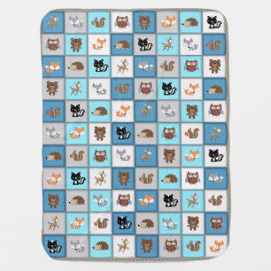 Woodland Patchwork Baby Animals Quiltlike *Blue Swaddle Blanket
